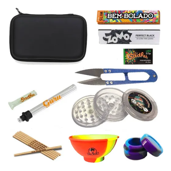 Kit Fumo Completo Seda Vidro Dichavador Tesoura Cuia Pilão