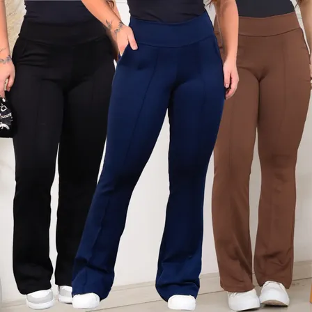 Kit 3 Calça Feminina Flare Cintura Alta Bailarina Com Bolsos