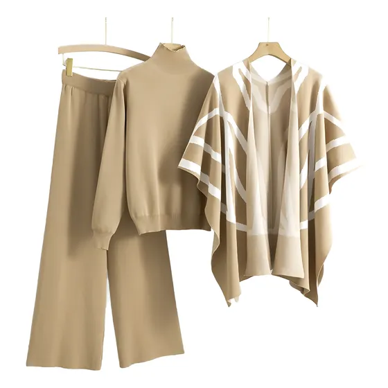 Conjunto Tejido Dama 3 Piezas Ruana Pantalón Buzo 33sp-009 Beige Unico