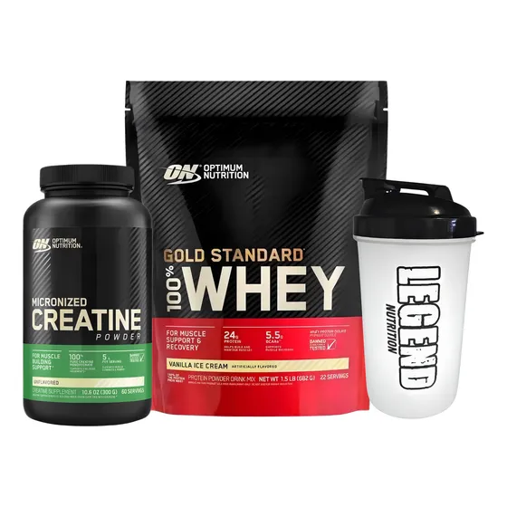 Suplemento En Polvo Proteína On Gold Standard 100% Whey 1.5 Lb Sabor Vainilla Ice Cream Creatina Micronizada 300g Vaso Legend 600ml