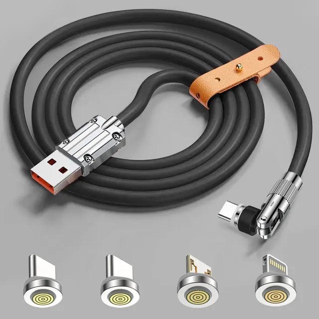 Cable Usb Tipo C Para iPhone Móvil Magnético Carga Rápida Datos Transmisión Juego Otg Giratorio 540° 4en 1 Negro Cable V8 Antipolvo Con Conector Lightning