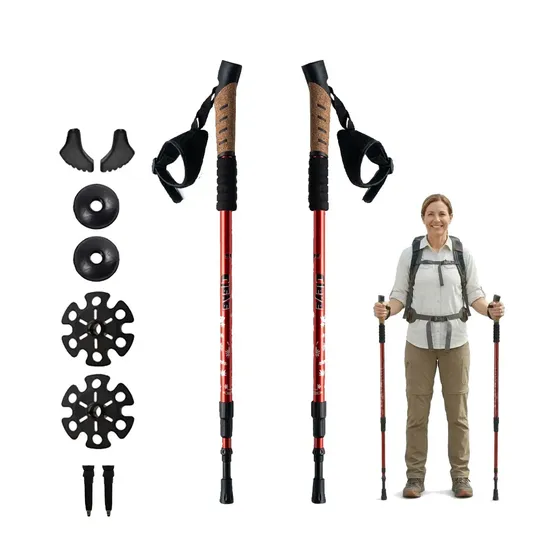 2 Bastones Trekking Senderismo Aluminio Antishock Regulable Rojo