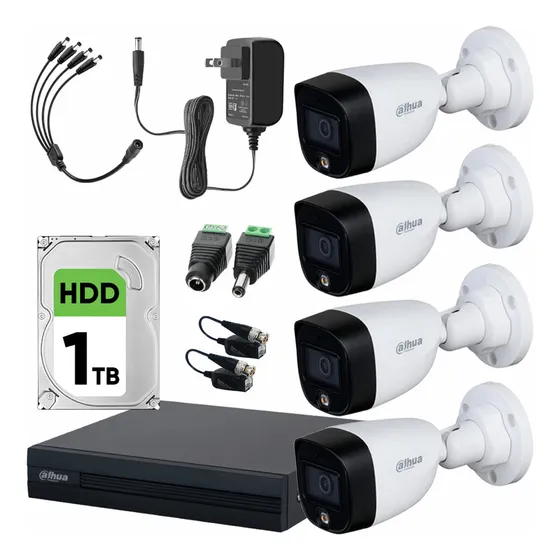 Kit Videovigilancia Cronos 4 Cámaras Dahua Bala HFW1209C 2 MP Full Color + Disco Duro 1 TB + Baluns + Accesorios - Kit CCTV FULLCOLORKIT-PLUSSC1TB (DVR XVR1B04 Circuito Cerrado)