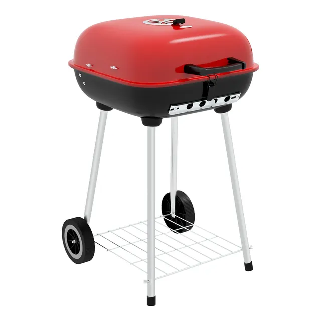 Parrilla De Carbón 18 Pulgadas Con Estante Ahumador Portátil Rojo, Negro, Plateado.