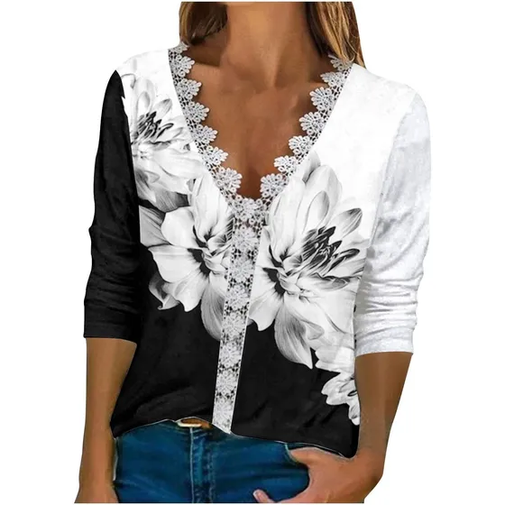 Camiseta Navidad Manga Larga Cuello V Ribete Encaje Para