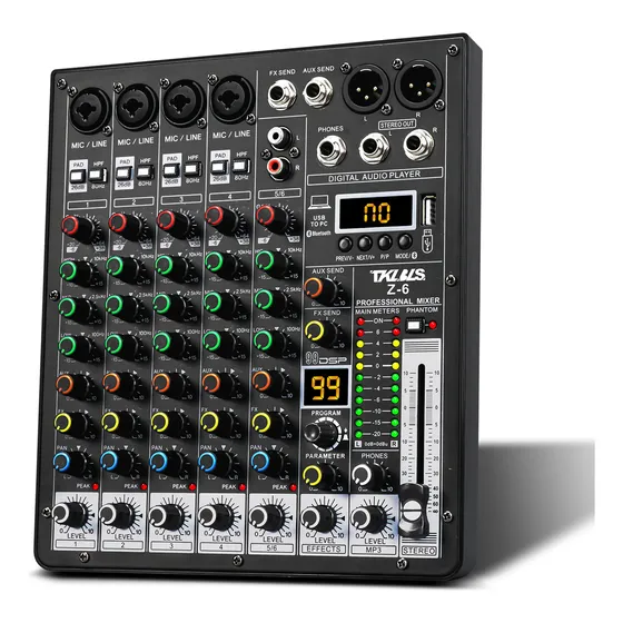 Mesa De Som Tklbls Z6 Bivolt Com 6 Canais Bluetooth 99 Efeitos +48v Usb Pc 12V Bivolt