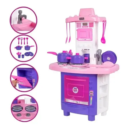 Kit Cozinha Fogão Infantil De Brinquedo Completa Sai Água Rosa