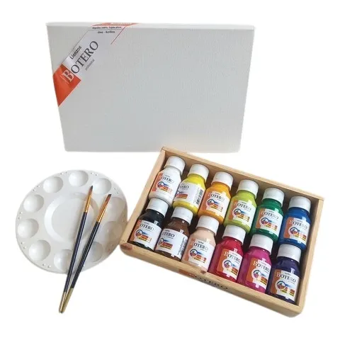 Set Acrílicos 12 60ml + Lienzo 20cm X 30cm + Paleta Plástica