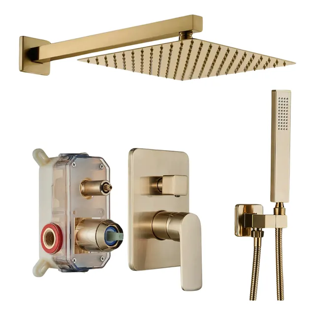 Kit Regadera Led Mezcladora Oro Cuadrada Lluvia Dorado