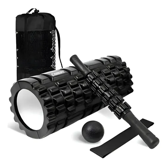 Rolo de Massagem Foam Roller Liberação Miofascial Soltura Yoga Preto Kit 4 em 1 Rubber Fit