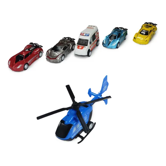 Kit Carrinho De Fricção Frota Com Helicóptero Presente Carro