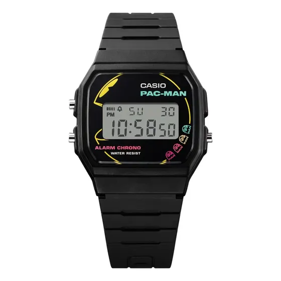 Reloj Casio Pac-man F-91wpc-1a Correa Negro Bisel Negro Fondo Negro