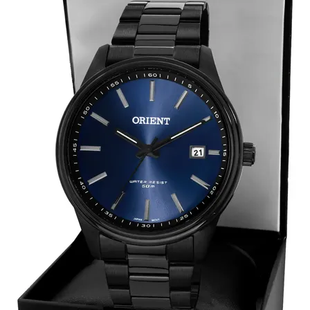 Relógio Orient Masculino Aço Preto Fundo Azul Analógico Resistência 50m
