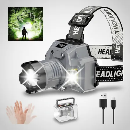 Lanterna De Cabeça Recarregável Potente À Prova D'água Forte Branco Cinza