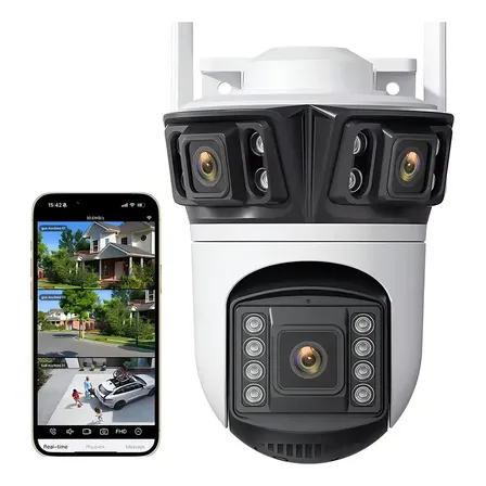 Cámara De Seguridad Wifi Exterior Hamcas A56 12mp 6k Cámara De Vigilancia Inalámbrica Con Tres Lentes Visión Nocturna Seguimiento Automático Alarma Icsee App Color Blanco/negro