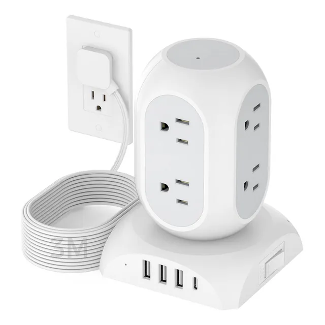 Torre multicontactos regleta 3m con 8 salida y 4 puertos usb 1 tipo C protector de sobretensión Tessan TPS05-US-BX-10FT Gris