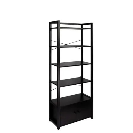 Portga Librero Organizador Minimalista De Madera Y Acero De 6 Niveles Con Armarios, Fácil De Montar, Mueble Multiusos Organizador Hasta 150kg Dimensiones 173cm*66cm*30cm Para Salones Y Cocinas Negro