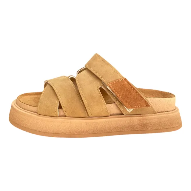 Sandalia Baja Chola Marrón Suela Con Tiras Y Abrojo Cuero Pu