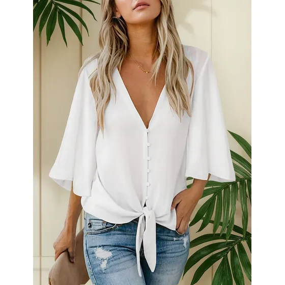 Blusa Cuello En V Corbata Manga Tres Cuartos Blazer