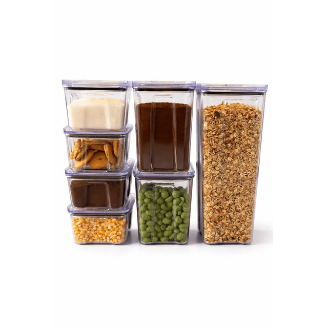 Conjunto de 7 potes herméticos transparentes da marca Rebirth, empilhados em diferentes configurações contendo diversos tipos de mantimentos como grãos, biscoitos e cereais.