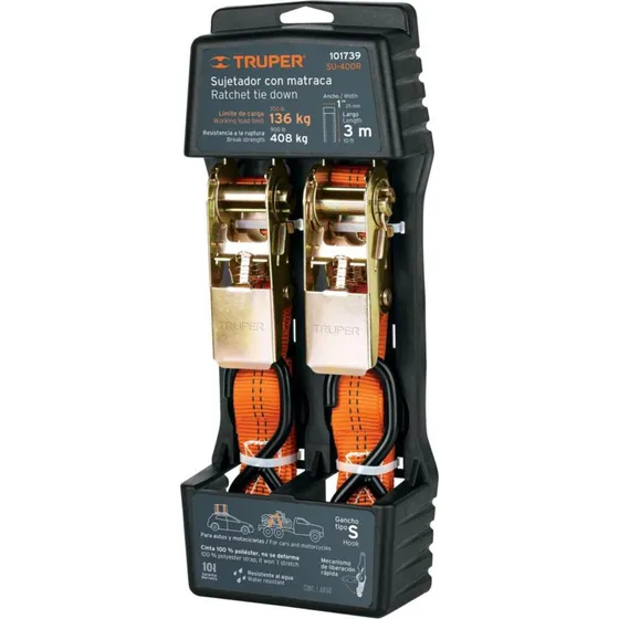 Cinta Truper Su400r 3m 408 Kg 2 Piezas Con Catraca 