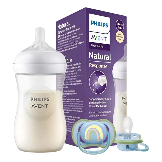 Mamadera Avent Natural 260ml + 1 Chupete Ultra Air Animals