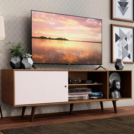 Rack Madesa Dubai Para Tv Até 65 Polegadas Com Pés - Rustic/Branco