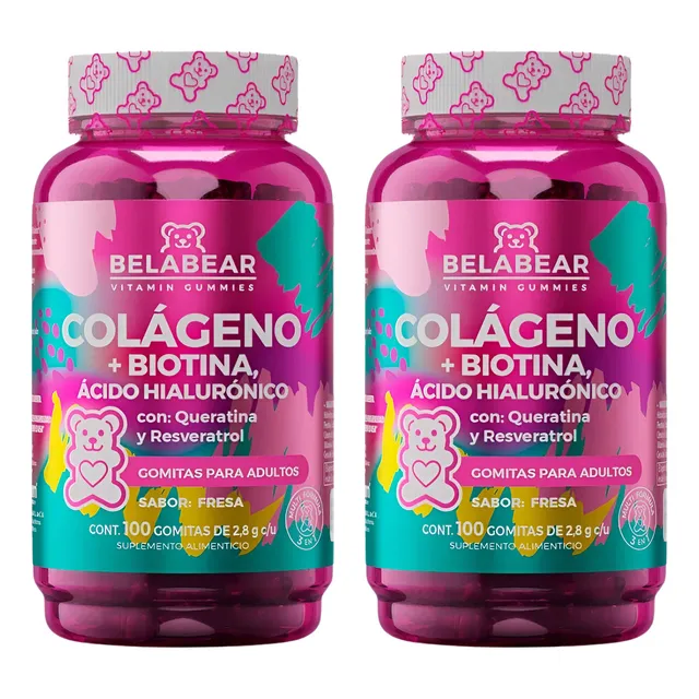 Pack 2 Belabear Colágeno con Biotina Y Ácido Hialurónico 100pz cada uno Sabor Fresa