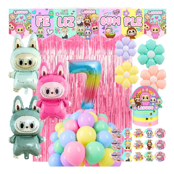 Pack Globos Labubu Banderin Stickers Topper Flores Número Multicolor Número 7