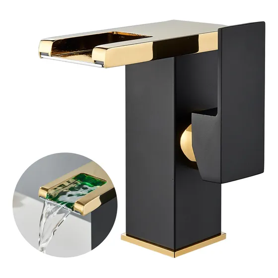 Grifo Monomando Mezclador Led Cascada Lavabo Negro Mate Gami