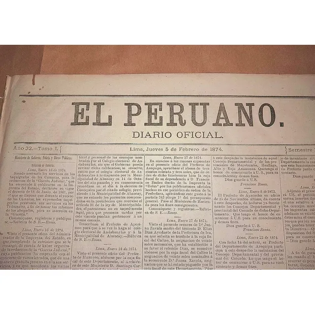 Vint_retro Periódico Antiguo El Peruano Año 1874