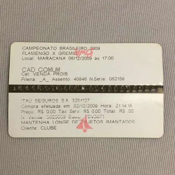 Ingresso Brasileirao 2009 - Flamengo X Gremio - Jogo Do Hexa