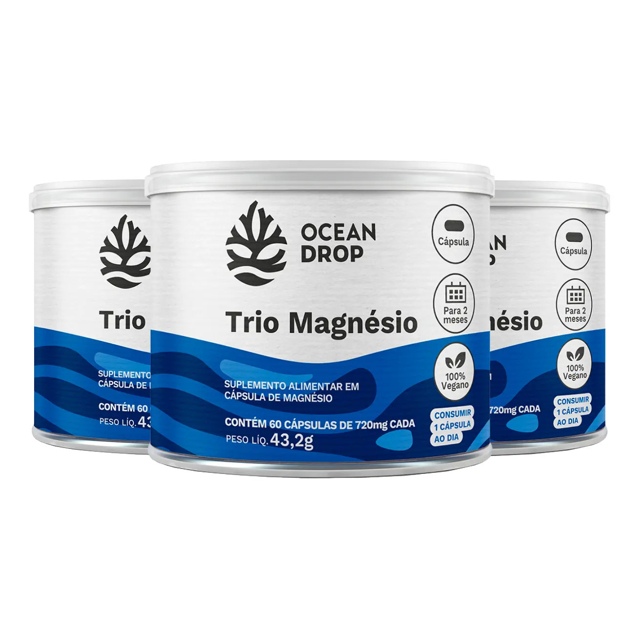 Kit 3x Trio Magnésio Ocean Drop Magnésio Bisglicinato Malato 60 Cápsulas 175mg