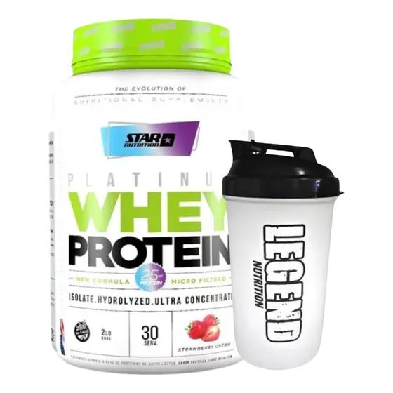 Suplemento En Polvo Star Nutrition Platinum Whey Protein 907gr Sabor Frutilla Vaso Legend 600 Ml