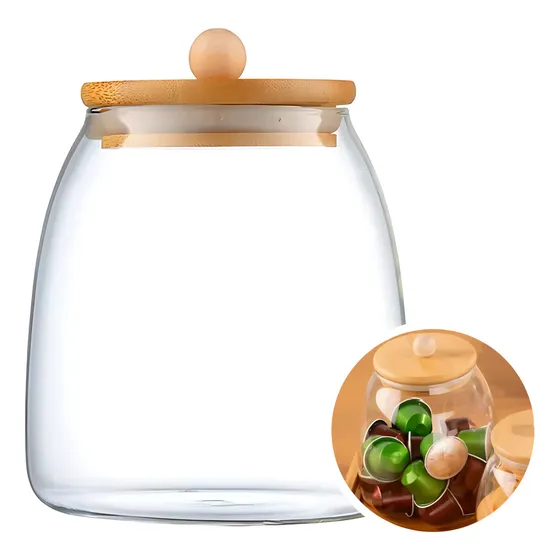 Pote Hermético Porta Capsula Açúcar Café Bolacha Tampa Bambu Cor Cristal