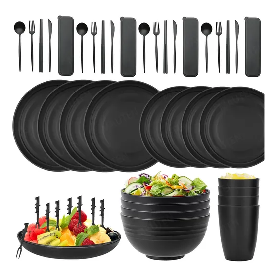40pcs Vajilla Juego Cocina Paja Trigo Plato Tazas Kit Negro Kidomy