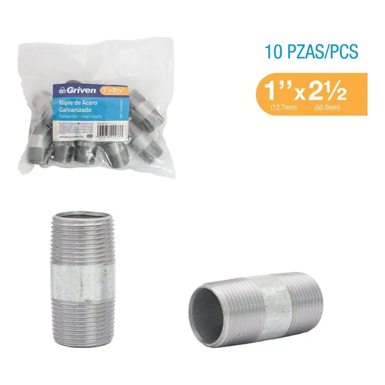 Niple Galvanizado 1 X 2 1/2 Pulgada Largo Griven (pack X 10)