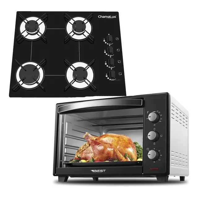 Fogão Cooktop 4 Bocas Preto + Forno De Eletrico 48 Litros