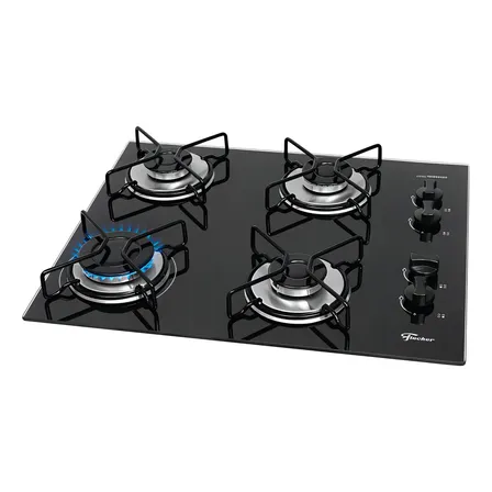 Cooktop A Gás Fischer 4 Bocas Fit Line Trempe Esmaltada Aramado Preto 127/220v