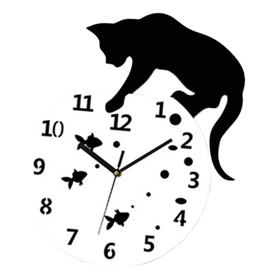 Relógio De Parede Anti-ticking Cat Design Com Peixe