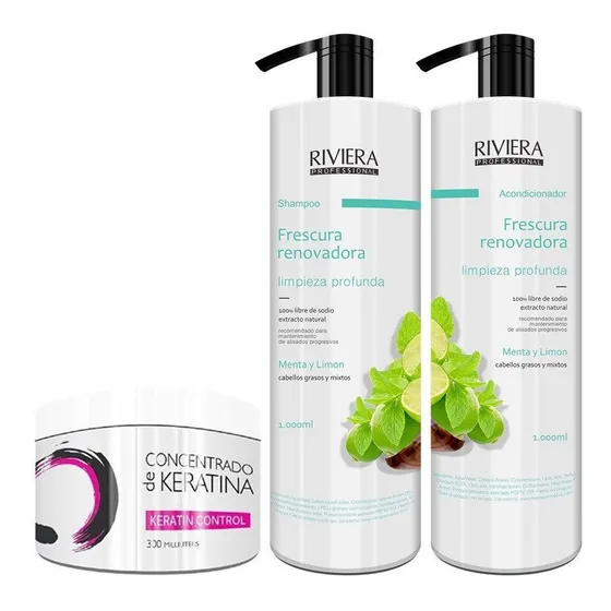 Shampoo Sin Sal Riviera Cabellos Grasos 1 litro + Acondicionador Sin Sal Riviera Cabellos Grasos 1 Litro + Keratina Riviera 350ml