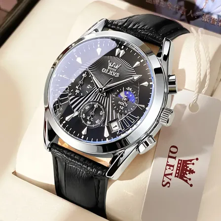 Olevs Relógio Masculino Original Preto Couro Quartzo 2876 Preto Prateado