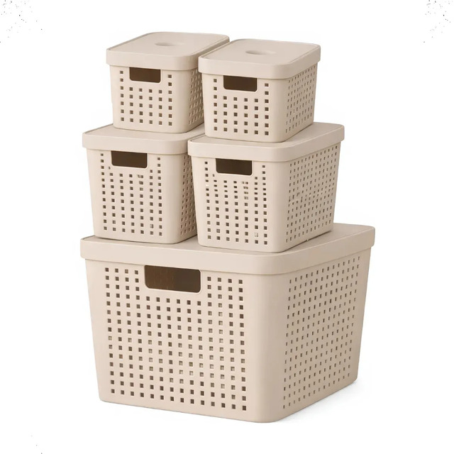 Kit 5 Caixas Organizadoras Resistente Com Tampa 17l 4,5l 2l Bege Lisa