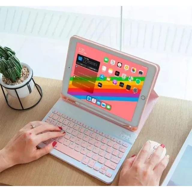 Kit Teclado + Mouse Inalámbrico Bluetooth Kawaii Con Sticker