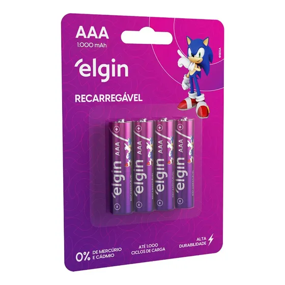 04 Pilhas Aaa 1000mah Recarregável Elgin 01 Cart. C/ 4 Unid