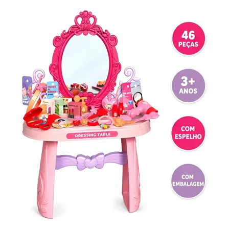 Penteadeira Infantil Princesa Rosa com Espelho e 46 Peças, para Meninas de 3+ Anos