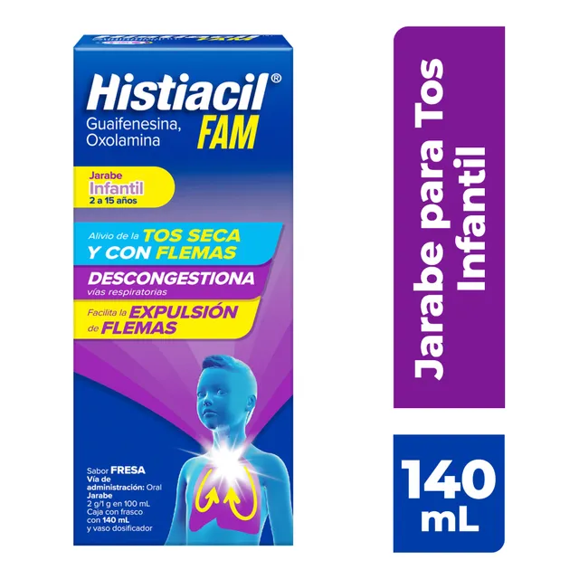Histiacil FAM Jarabe Infantil Fresa 2 a 15 Años 140 ml. Acción 3 en 1: Alivio de la Tos Seca y con Flemas, Descongestiona y Facilita la Expectoración