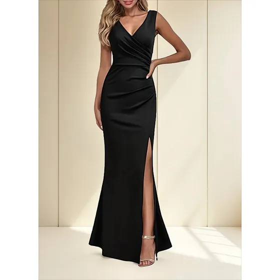 Vestido Negro Largo De Cóctel Sin Mangas Con Cuello En V