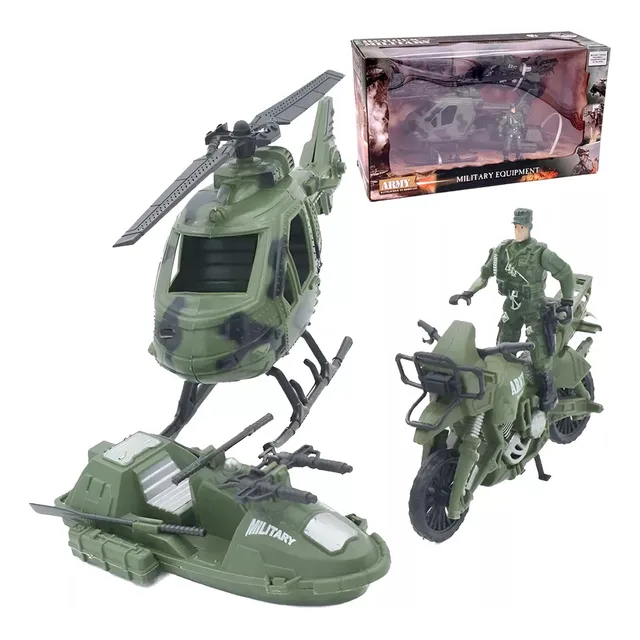 Set Militar De Juguete Soldado Moto Lancha Helicóptero