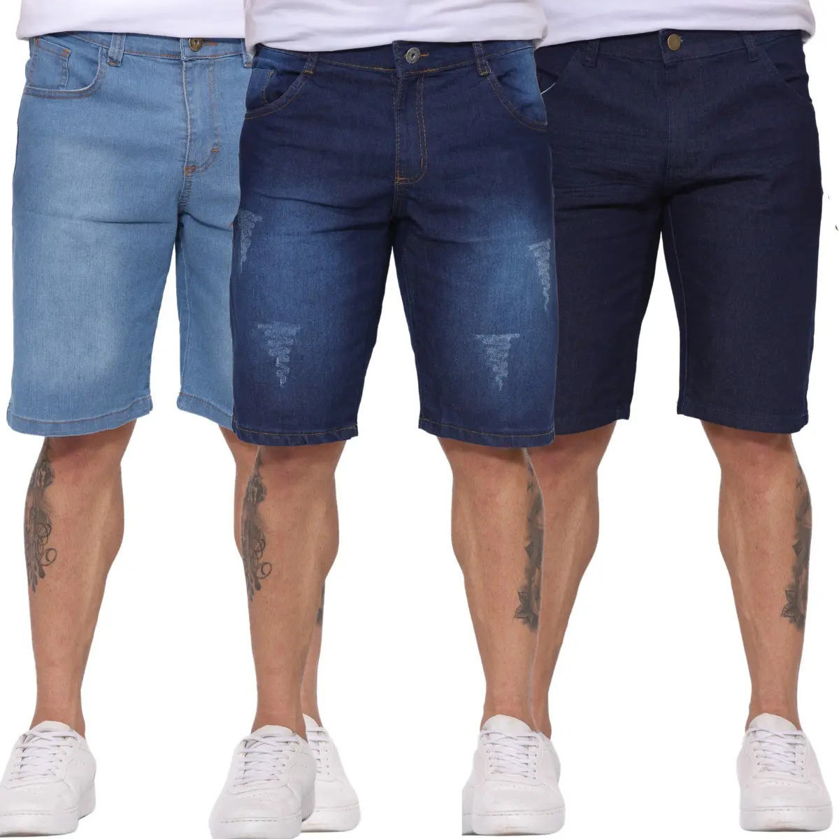 Três modelos de bermudas jeans em tons de azul claro, médio e escuro, exibidos em manequins sem cabeça, com detalhes de rasgos frontais nas peças mais claras.